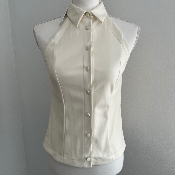 Drew Cream Vegan Faux Leather Collared Sleeveless Vest Workwear Evening NWT XS - Picture 1 of 8